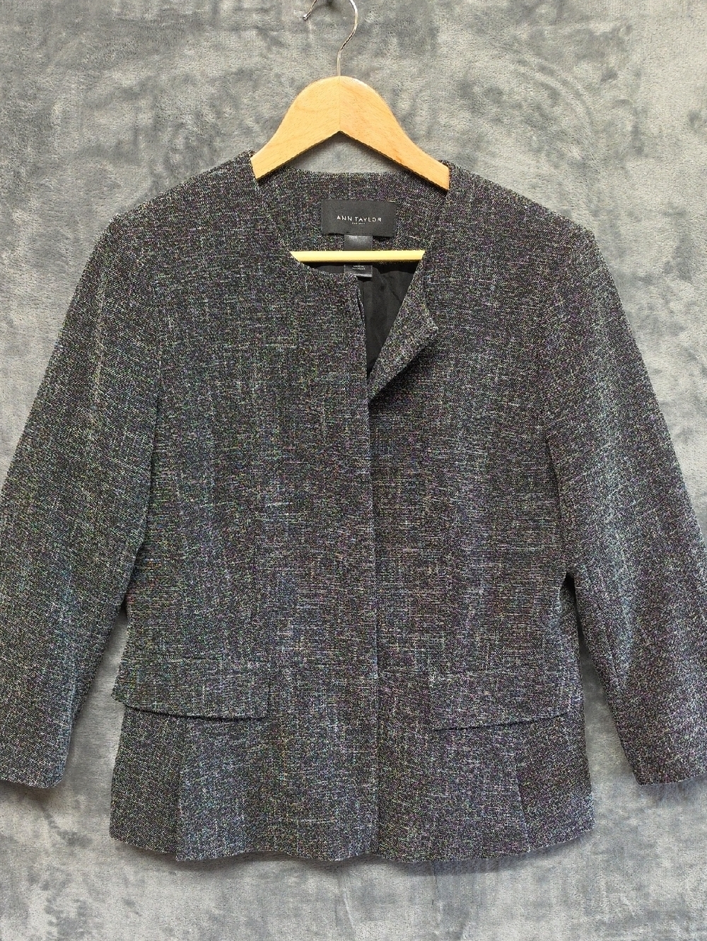 Ann Taylor Factory Gray Multicolor Tweed Collarless Jacket sz 12